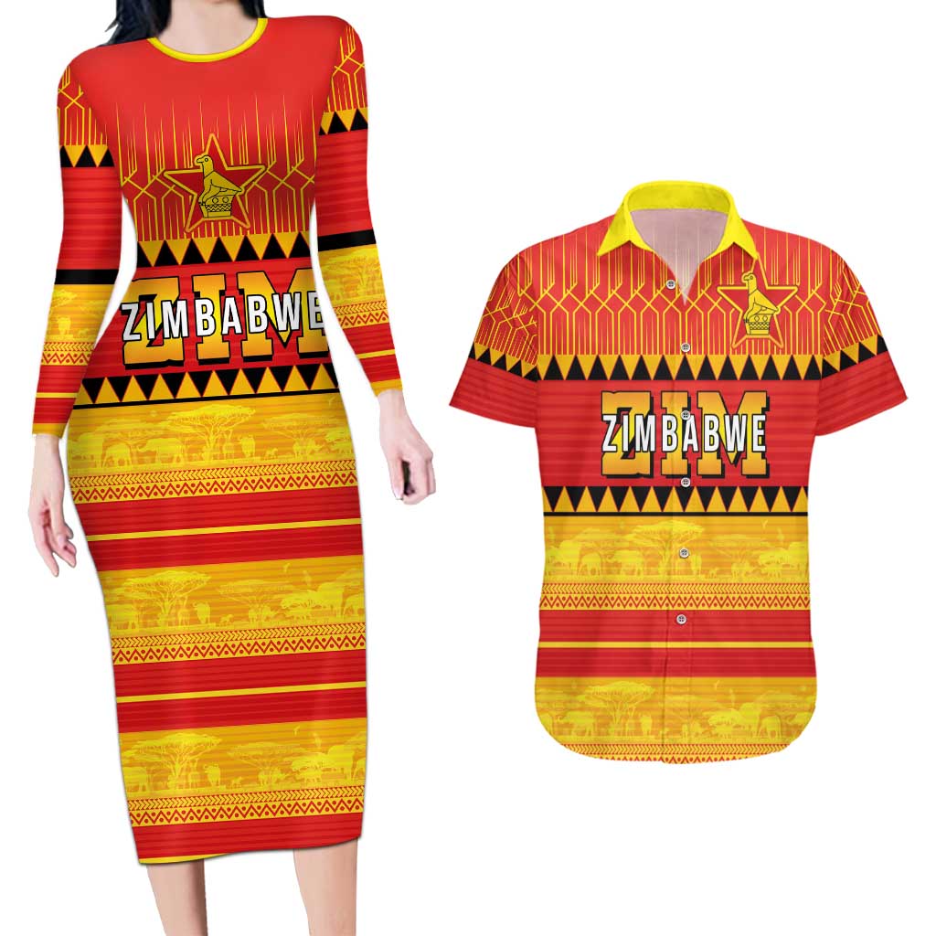 Custom Zimbabwe Cricket Couples Matching Long Sleeve Bodycon Dress and Hawaiian Shirt African Heritage Stripes Style - Wonder Print Shop