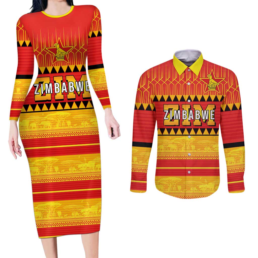 Custom Zimbabwe Cricket Couples Matching Long Sleeve Bodycon Dress and Long Sleeve Button Shirt African Heritage Stripes Style - Wonder Print Shop