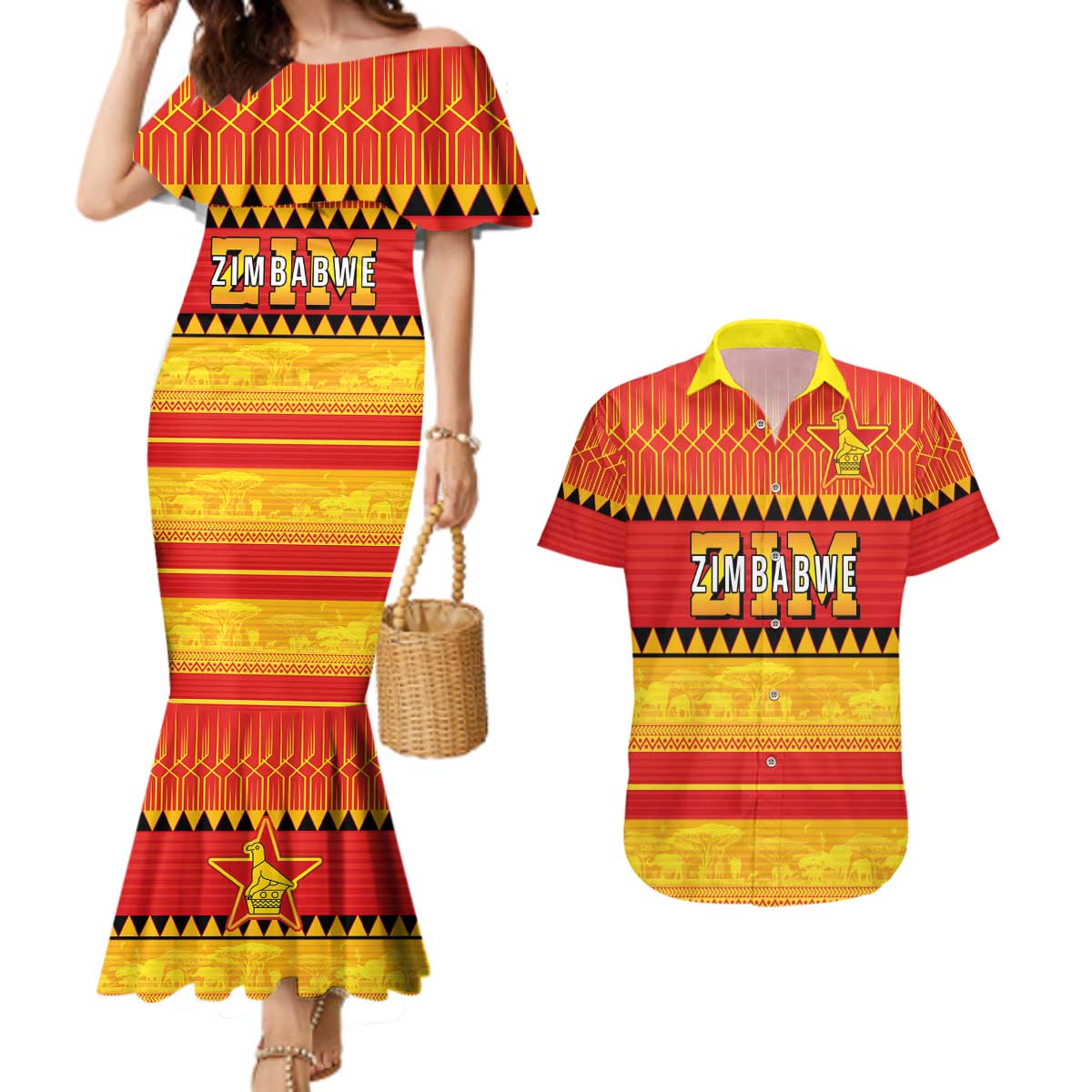 Custom Zimbabwe Cricket Couples Matching Mermaid Dress and Hawaiian Shirt African Heritage Stripes Style - Wonder Print Shop