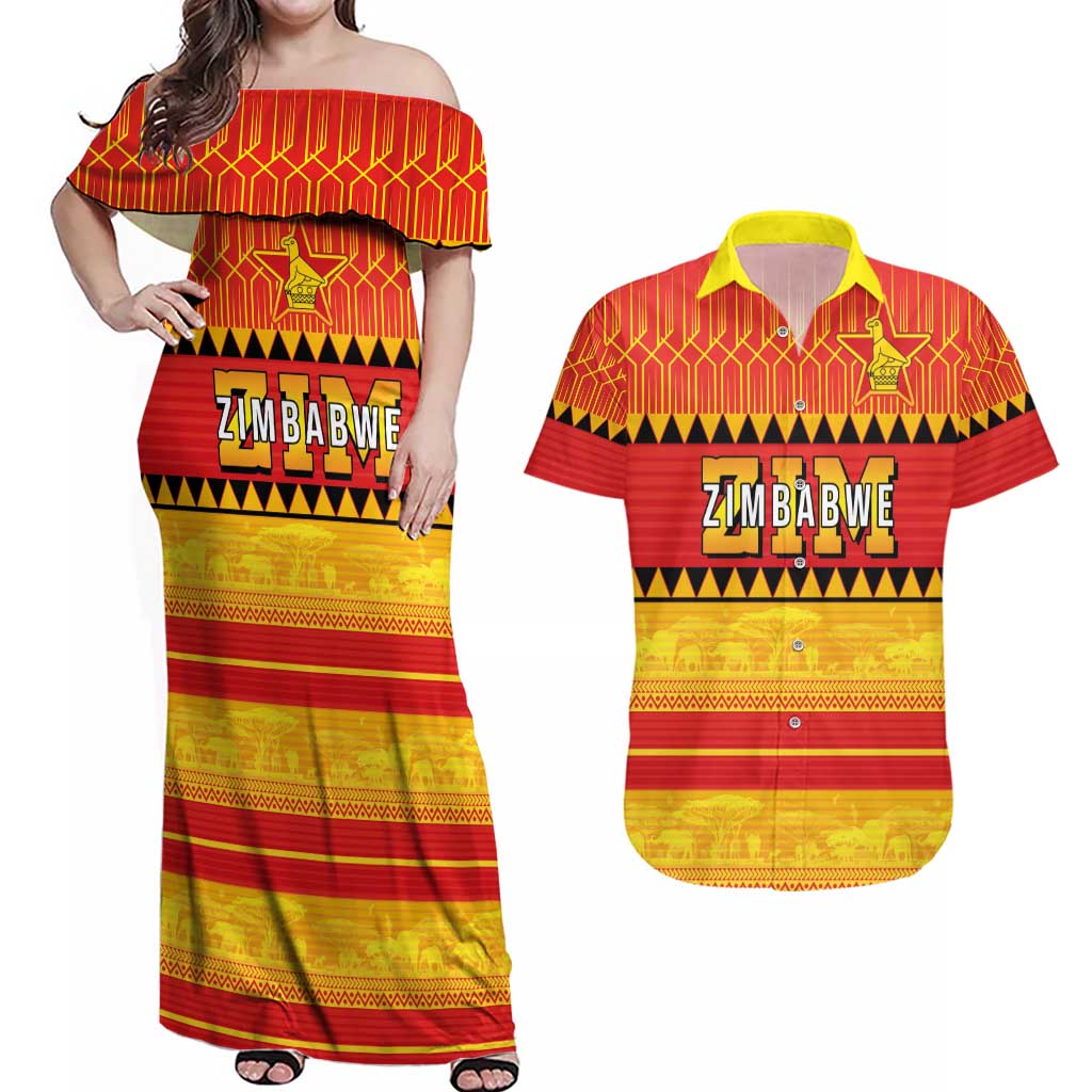 Custom Zimbabwe Cricket Couples Matching Off Shoulder Maxi Dress and Hawaiian Shirt African Heritage Stripes Style - Wonder Print Shop