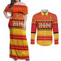 Custom Zimbabwe Cricket Couples Matching Off Shoulder Maxi Dress and Long Sleeve Button Shirt African Heritage Stripes Style - Wonder Print Shop