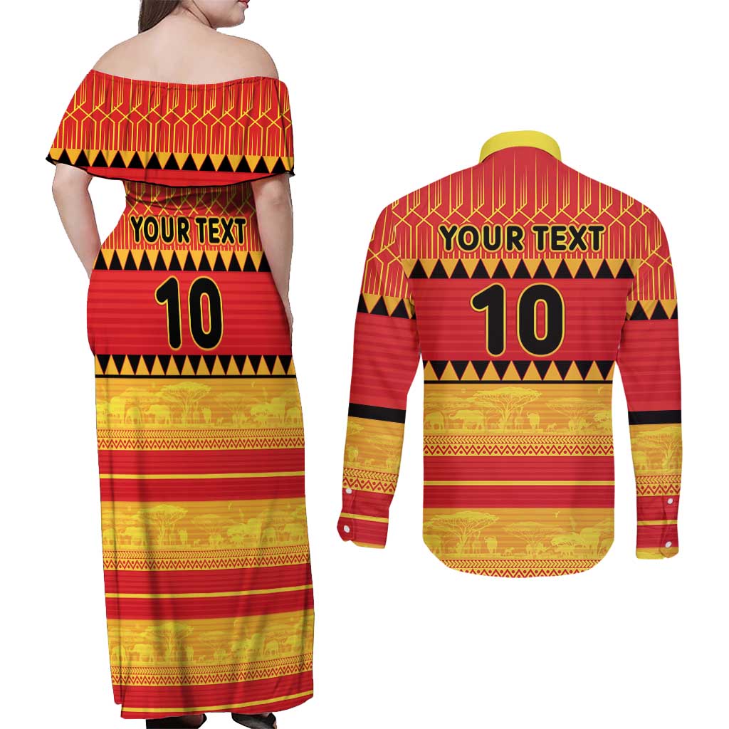 Custom Zimbabwe Cricket Couples Matching Off Shoulder Maxi Dress and Long Sleeve Button Shirt African Heritage Stripes Style - Wonder Print Shop