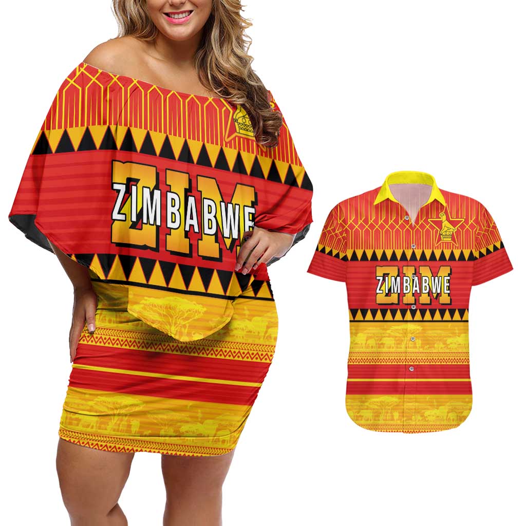 Custom Zimbabwe Cricket Couples Matching Off Shoulder Short Dress and Hawaiian Shirt African Heritage Stripes Style - Wonder Print Shop