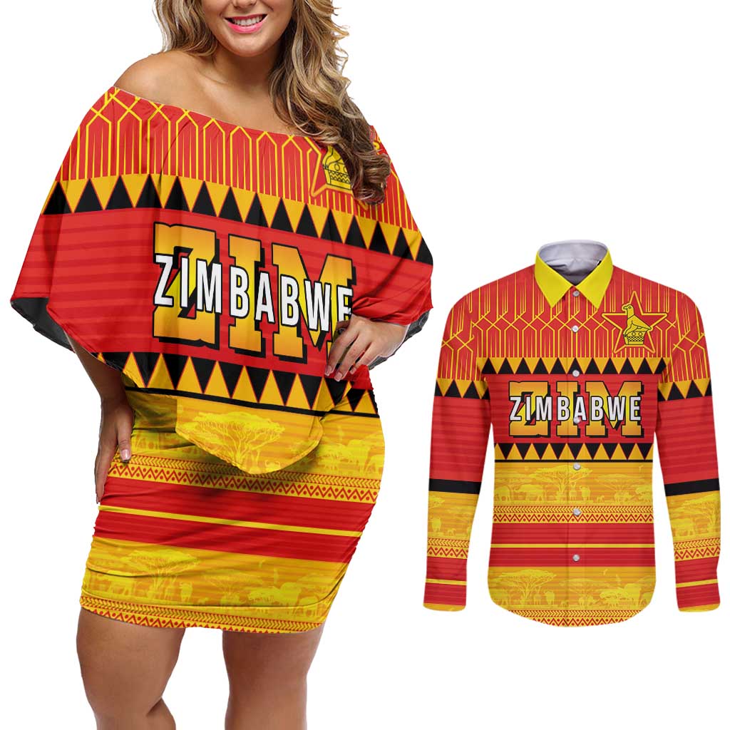 Custom Zimbabwe Cricket Couples Matching Off Shoulder Short Dress and Long Sleeve Button Shirt African Heritage Stripes Style - Wonder Print Shop