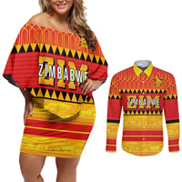 Custom Zimbabwe Cricket Couples Matching Off Shoulder Short Dress and Long Sleeve Button Shirt African Heritage Stripes Style - Wonder Print Shop