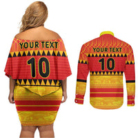 Custom Zimbabwe Cricket Couples Matching Off Shoulder Short Dress and Long Sleeve Button Shirt African Heritage Stripes Style - Wonder Print Shop