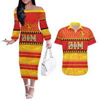 Custom Zimbabwe Cricket Couples Matching Off The Shoulder Long Sleeve Dress and Hawaiian Shirt African Heritage Stripes Style - Wonder Print Shop