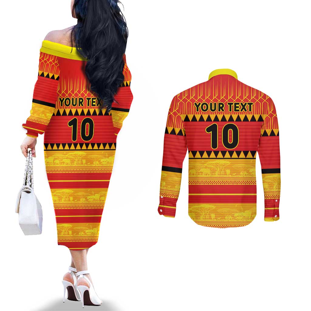 Custom Zimbabwe Cricket Couples Matching Off The Shoulder Long Sleeve Dress and Long Sleeve Button Shirt African Heritage Stripes Style - Wonder Print Shop