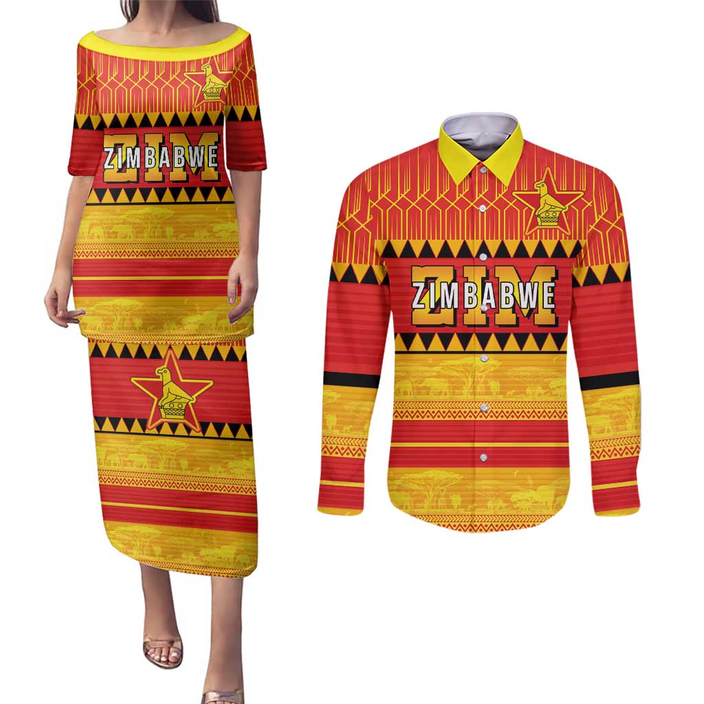 Custom Zimbabwe Cricket Couples Matching Puletasi and Long Sleeve Button Shirt African Heritage Stripes Style - Wonder Print Shop