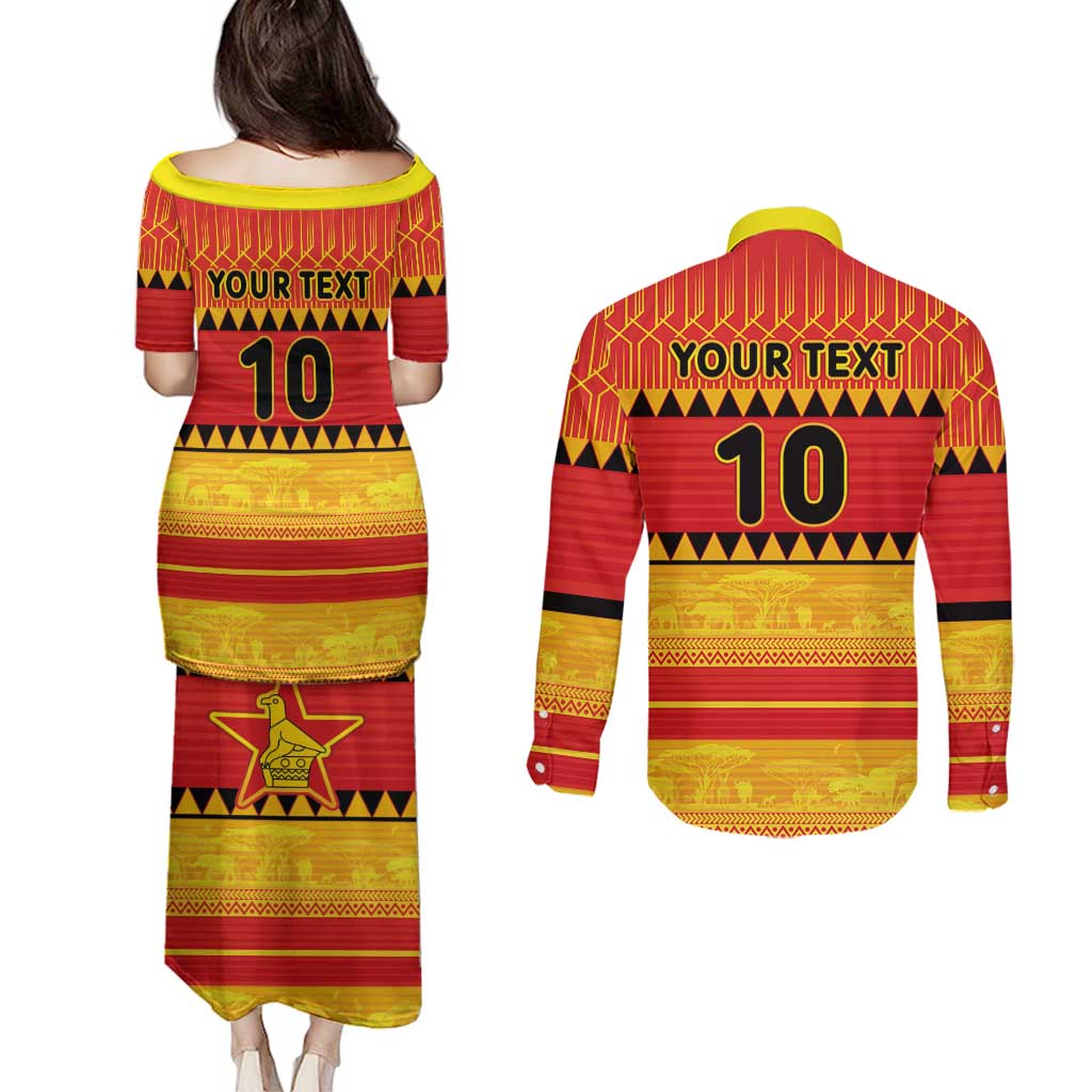 Custom Zimbabwe Cricket Couples Matching Puletasi and Long Sleeve Button Shirt African Heritage Stripes Style - Wonder Print Shop