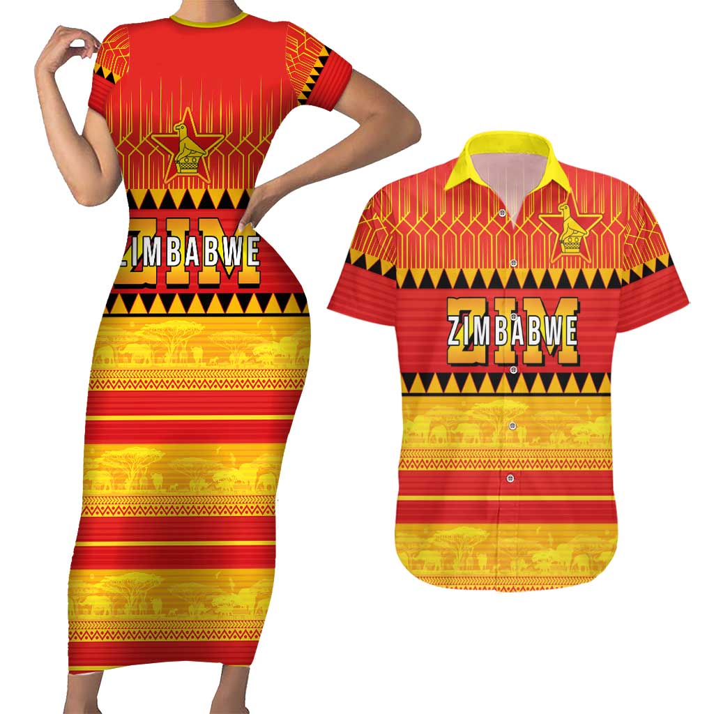 Custom Zimbabwe Cricket Couples Matching Short Sleeve Bodycon Dress and Hawaiian Shirt African Heritage Stripes Style - Wonder Print Shop