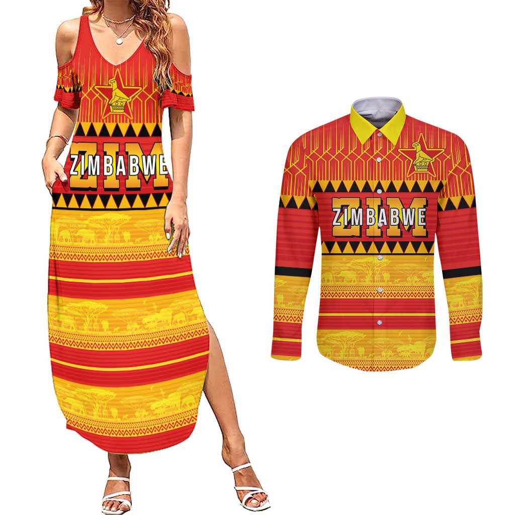 Custom Zimbabwe Cricket Couples Matching Summer Maxi Dress and Long Sleeve Button Shirt African Heritage Stripes Style - Wonder Print Shop