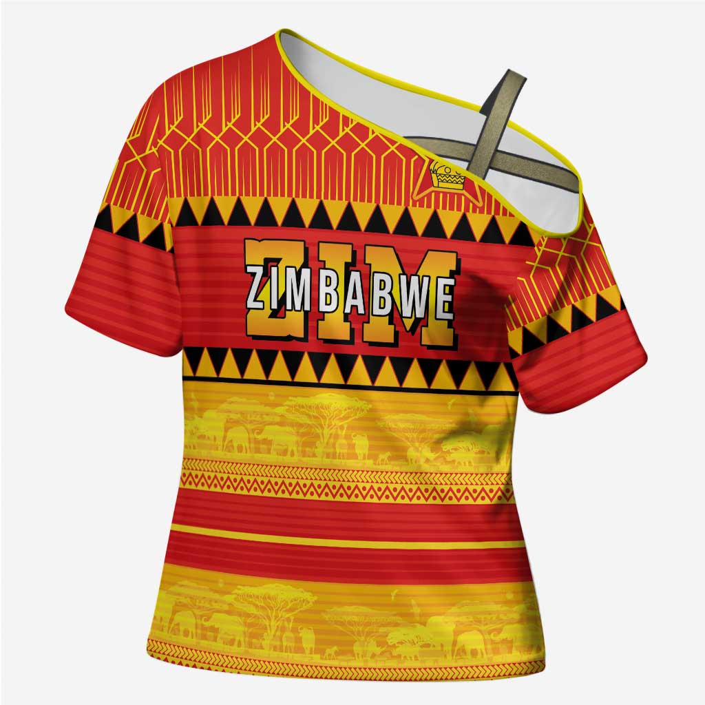 Custom Zimbabwe Cricket Cross Shoulder Shirt African Heritage Stripes Style - Wonder Print Shop