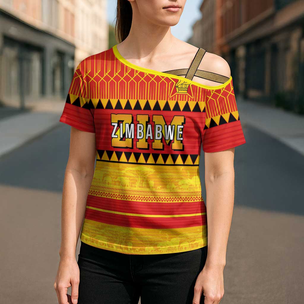 Custom Zimbabwe Cricket Cross Shoulder Shirt African Heritage Stripes Style - Wonder Print Shop