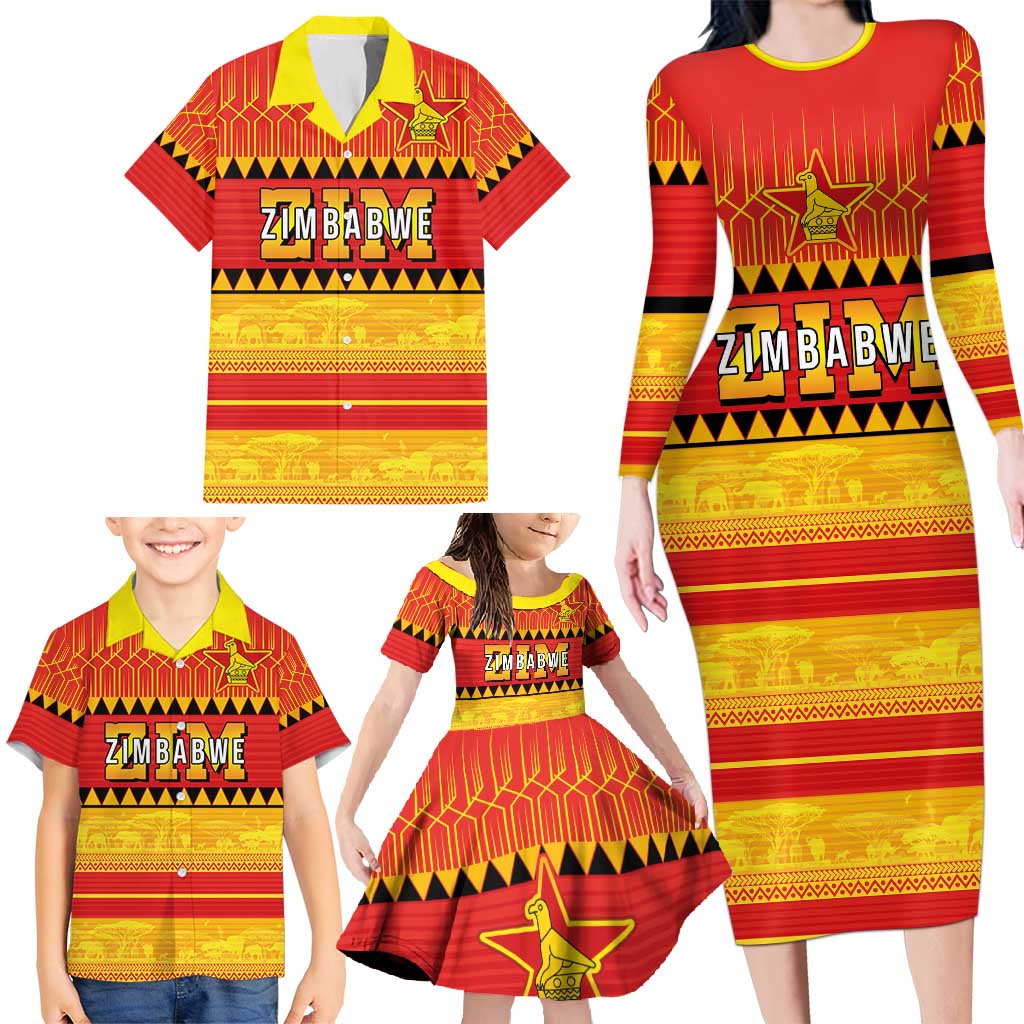 Custom Zimbabwe Cricket Family Matching Long Sleeve Bodycon Dress and Hawaiian Shirt African Heritage Stripes Style - Wonder Print Shop