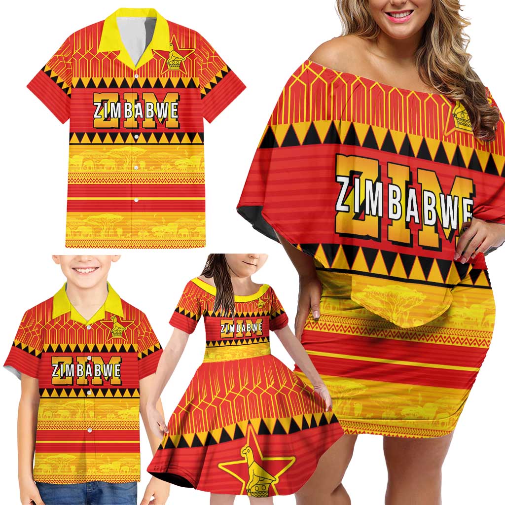 Custom Zimbabwe Cricket Family Matching Off Shoulder Short Dress and Hawaiian Shirt African Heritage Stripes Style - Wonder Print Shop