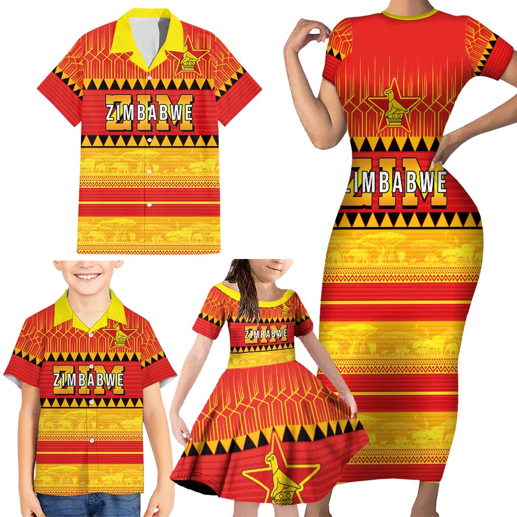 Custom Zimbabwe Cricket Family Matching Short Sleeve Bodycon Dress and Hawaiian Shirt African Heritage Stripes Style - Wonder Print Shop