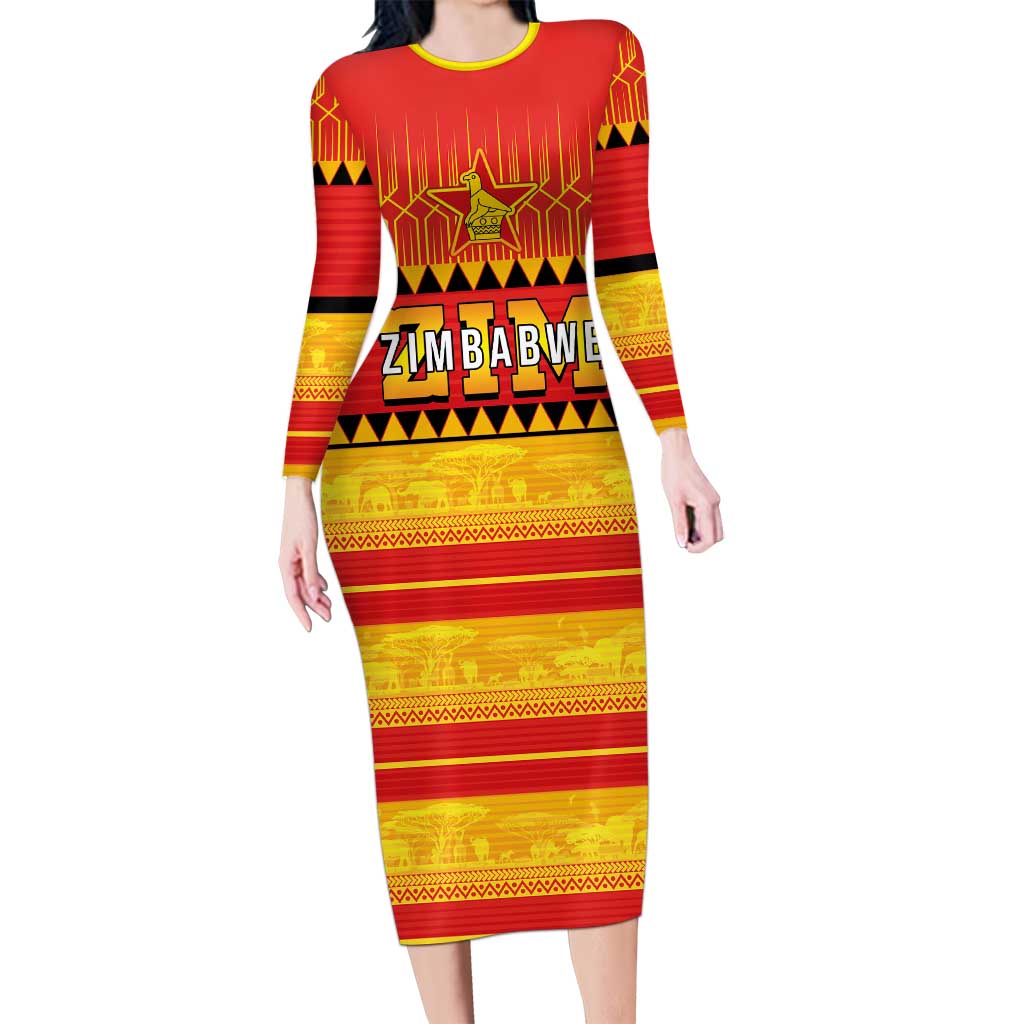 Custom Zimbabwe Cricket Long Sleeve Bodycon Dress African Heritage Stripes Style - Wonder Print Shop