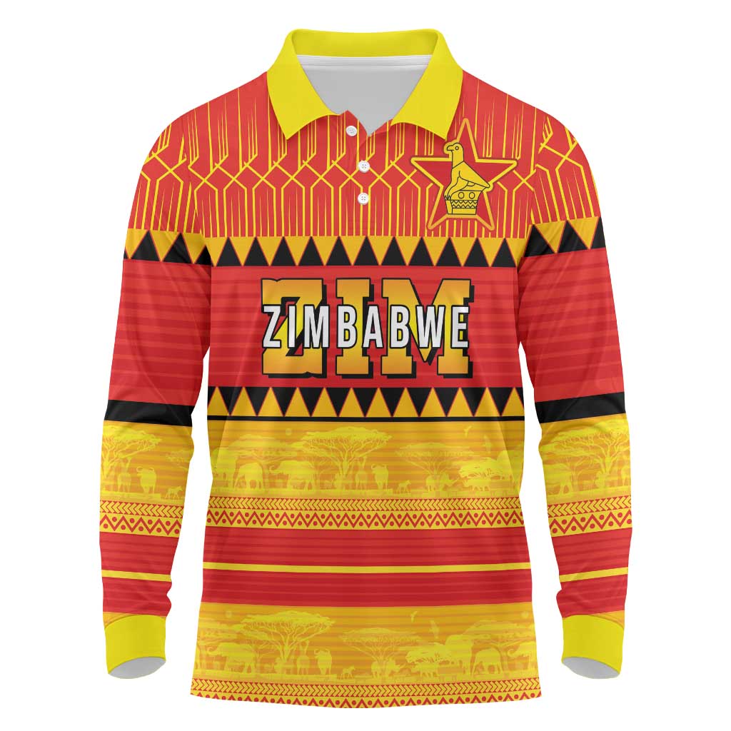 Custom Zimbabwe Cricket Long Sleeve Polo Shirt African Heritage Stripes Style - Wonder Print Shop