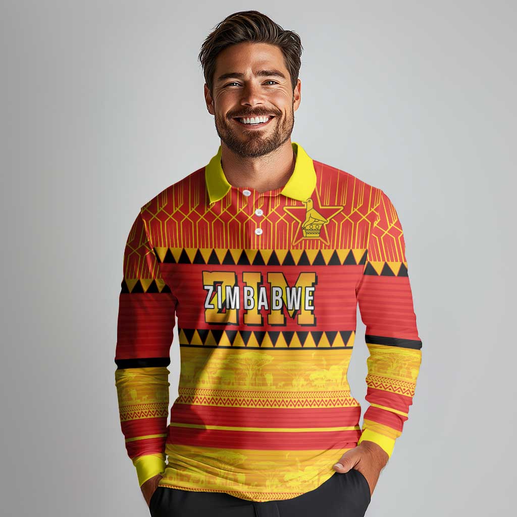 Custom Zimbabwe Cricket Long Sleeve Polo Shirt African Heritage Stripes Style - Wonder Print Shop