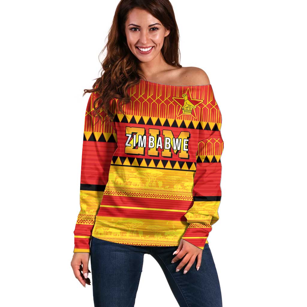 Custom Zimbabwe Cricket Off Shoulder Sweater African Heritage Stripes Style - Wonder Print Shop