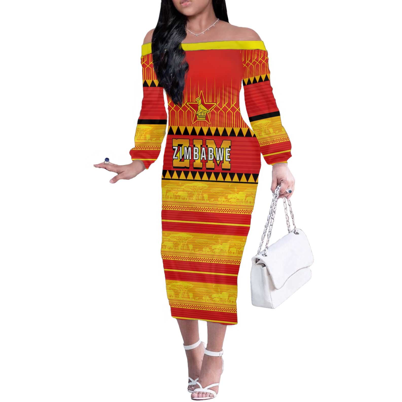Custom Zimbabwe Cricket Off The Shoulder Long Sleeve Dress African Heritage Stripes Style - Wonder Print Shop