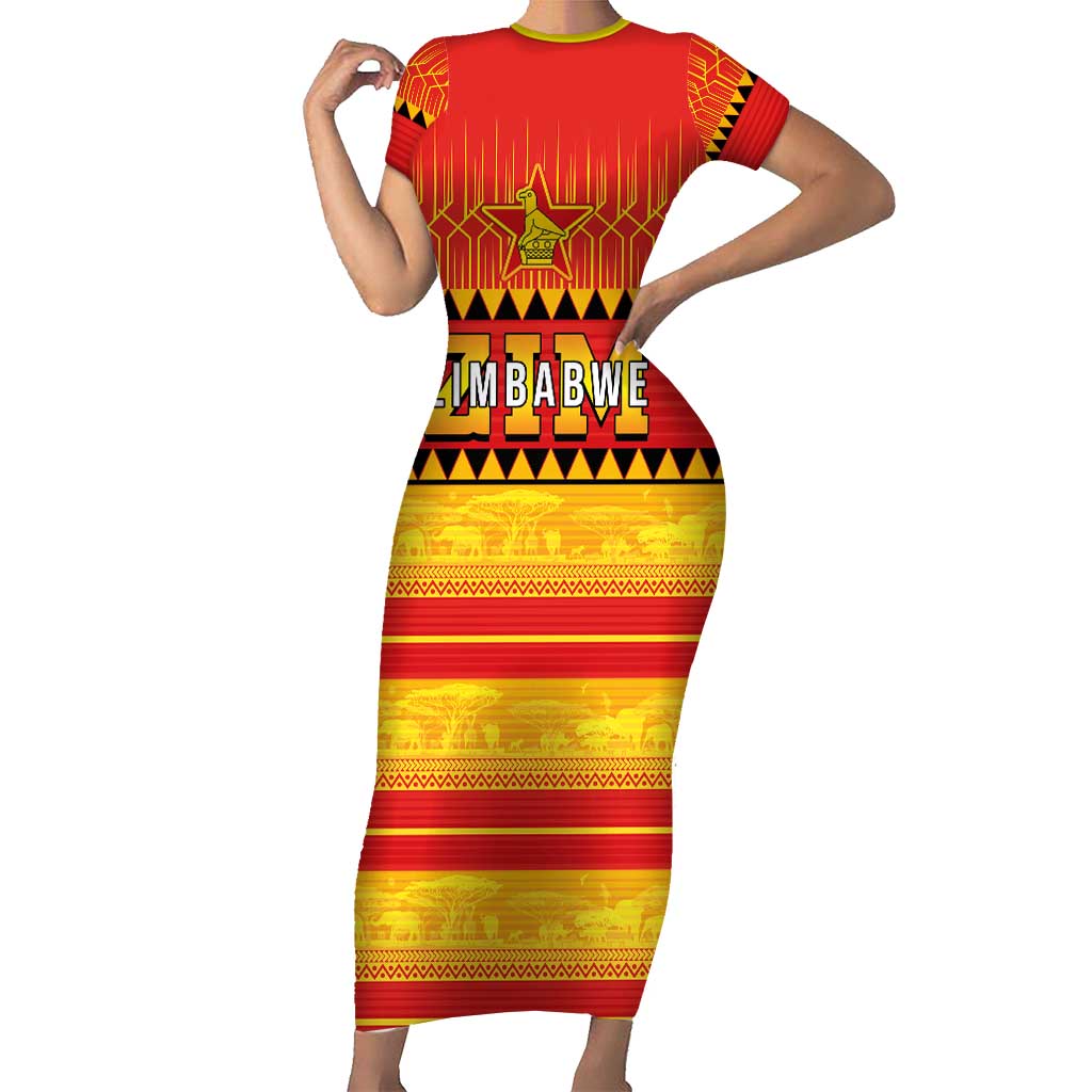 Custom Zimbabwe Cricket Short Sleeve Bodycon Dress African Heritage Stripes Style - Wonder Print Shop