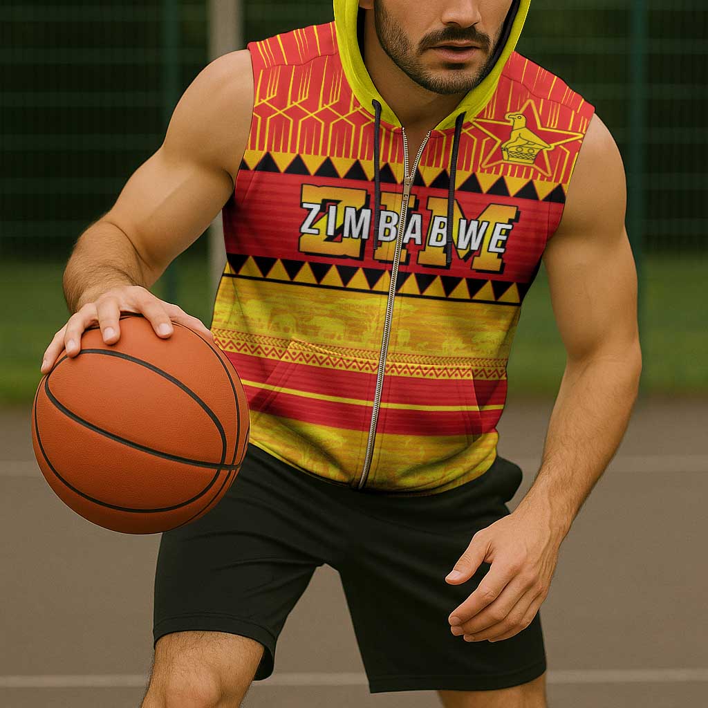 Custom Zimbabwe Cricket Sleeveless Zip Hoodie African Heritage Stripes Style - Wonder Print Shop
