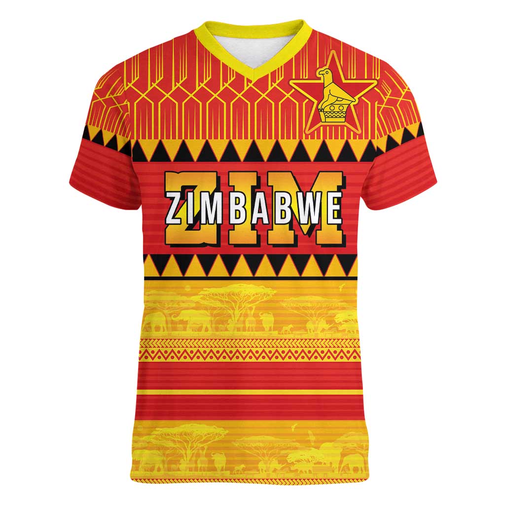 Custom Zimbabwe Cricket Women V-Neck T-Shirt African Heritage Stripes Style - Wonder Print Shop