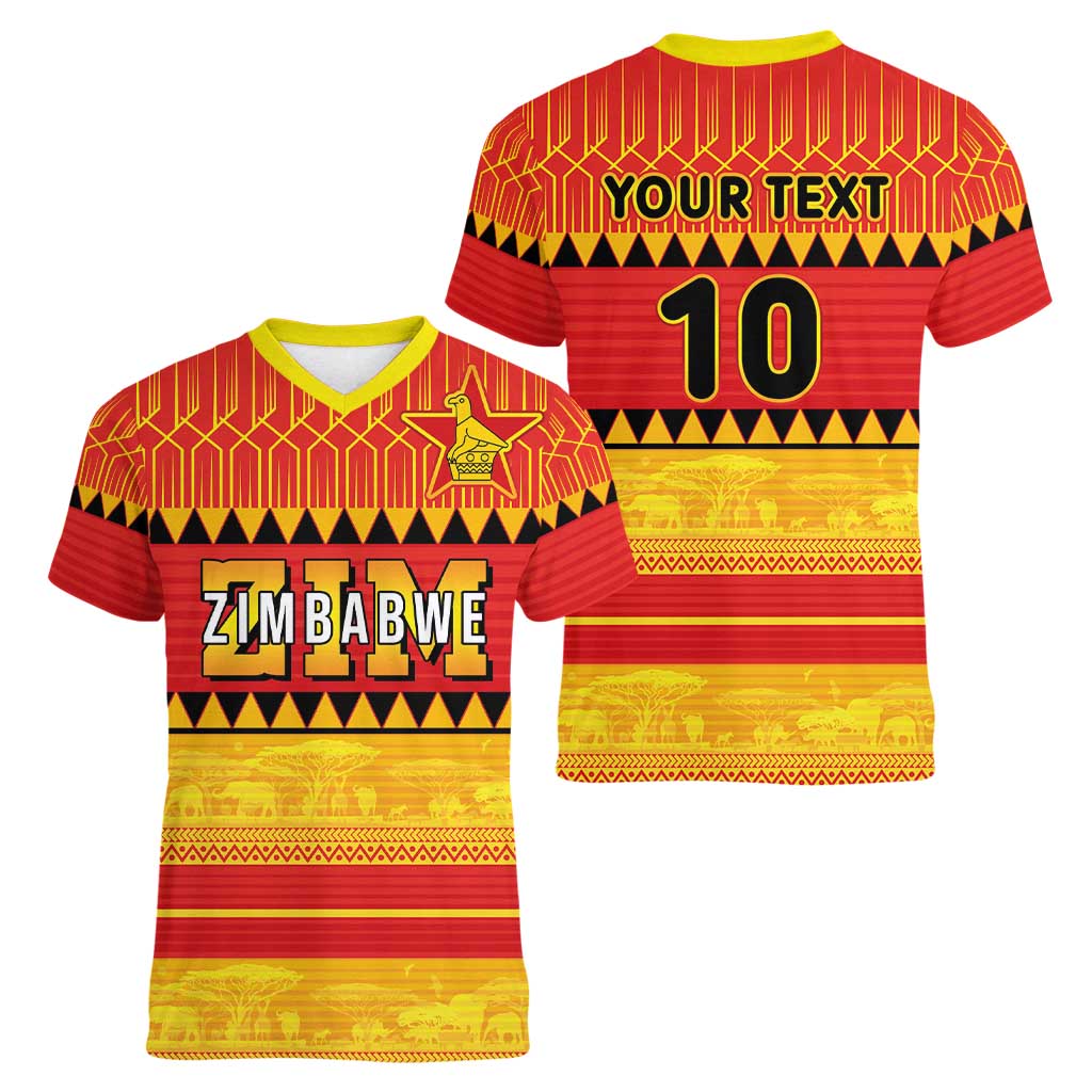 Custom Zimbabwe Cricket Women V-Neck T-Shirt African Heritage Stripes Style - Wonder Print Shop