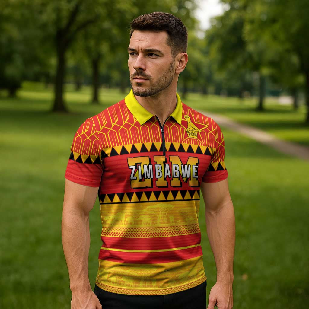 Custom Zimbabwe Cricket Zipper Polo Shirt African Heritage Stripes Style - Wonder Print Shop