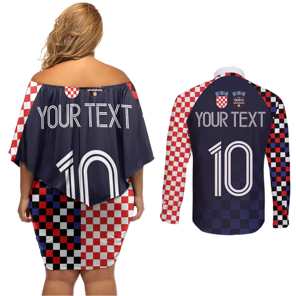 Custom Croatia Football Go Checkered Ones Couples Matching Off Shoulder Short Dress and Long Sleeve Button Shirt