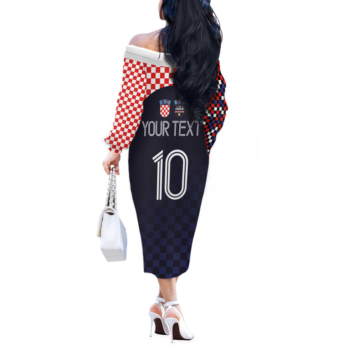Custom Croatia Football Go Checkered Ones Off The Shoulder Long Sleeve Dress