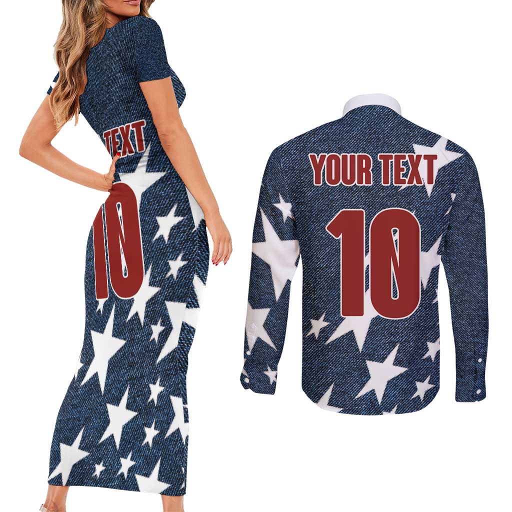 Custom United States Soccer Couples Matching Short Sleeve Bodycon Dress and Long Sleeve Button Shirt Retro 1994 Denim Style