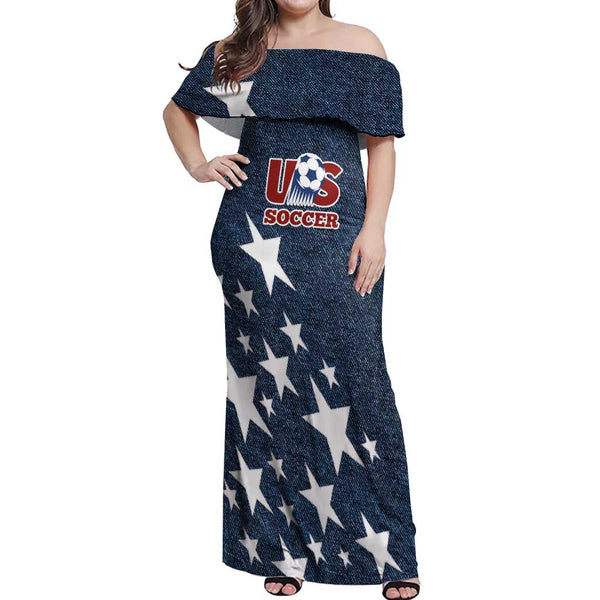 usa flag maxi dress Custom United States Soccer Off Shoulder Maxi Dress Retro 1994 Denim Style  - Wonderprintshop.com
