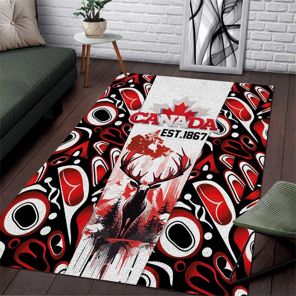 Canada Day Area Rug The Forest Moose and Maple Leaves-Haida Pattern