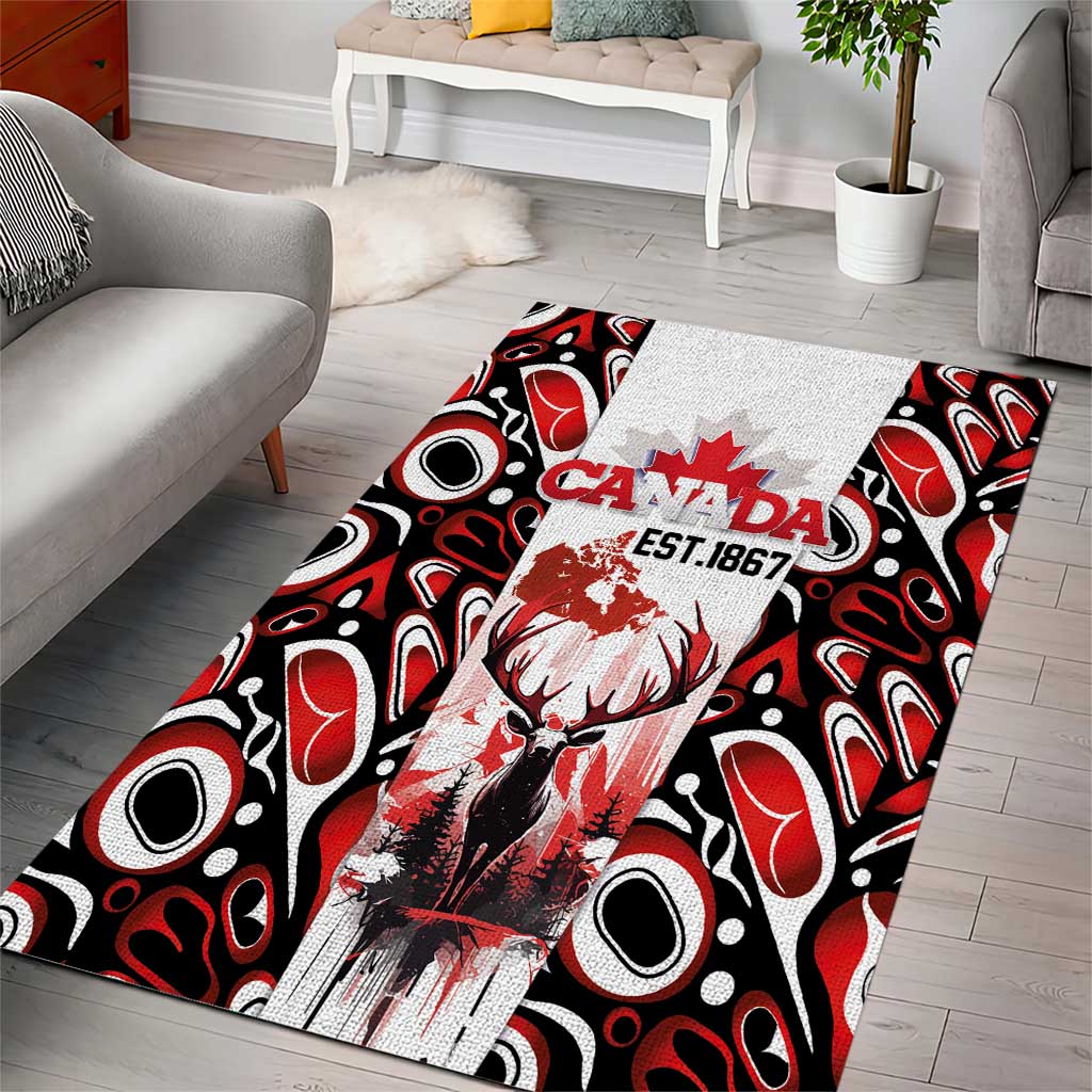 Canada Day Area Rug The Forest Moose and Maple Leaves-Haida Pattern