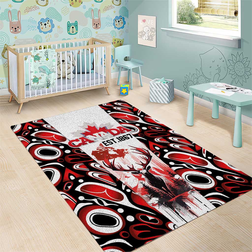 Canada Day Area Rug The Forest Moose and Maple Leaves-Haida Pattern