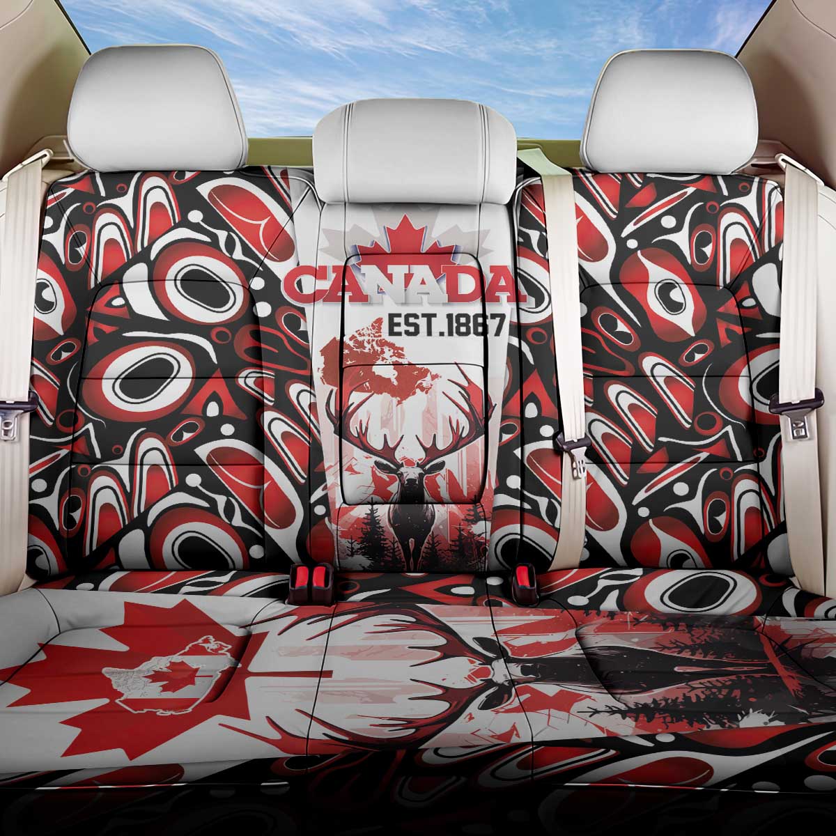 Canada Day Back Car Seat Cover The Forest Moose and Maple Leaves-Haida Pattern