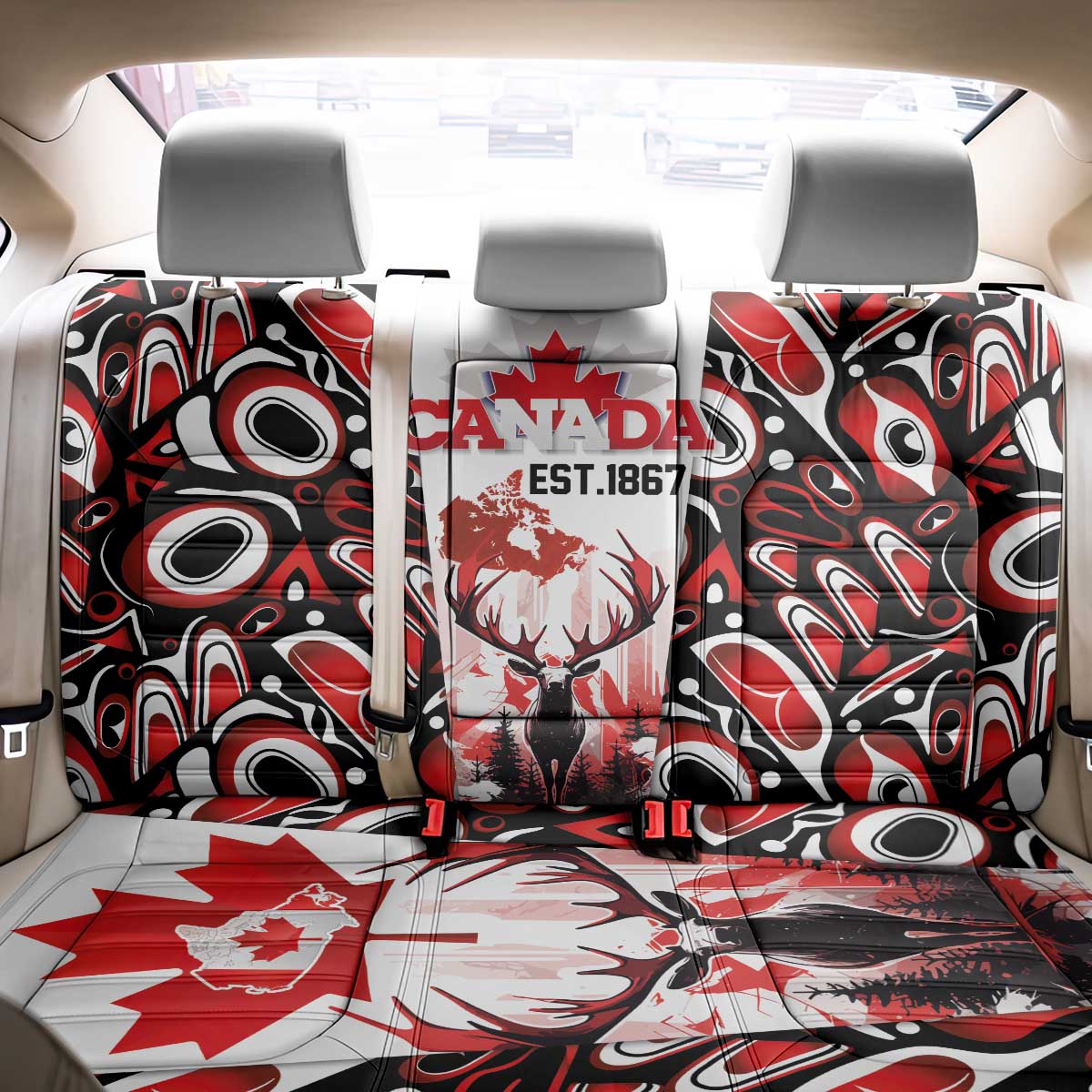 Canada Day Back Car Seat Cover The Forest Moose and Maple Leaves-Haida Pattern