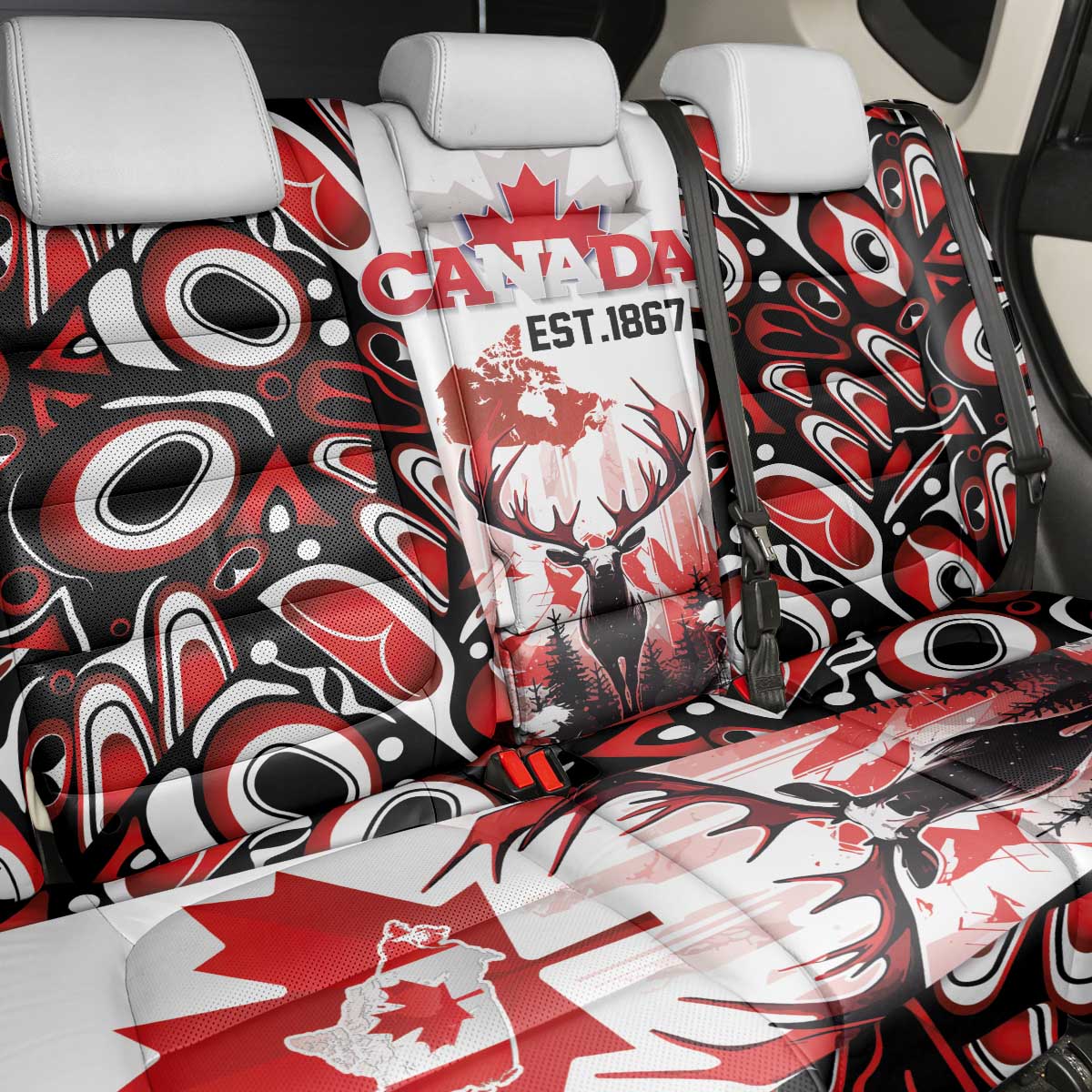 Canada Day Back Car Seat Cover The Forest Moose and Maple Leaves-Haida Pattern