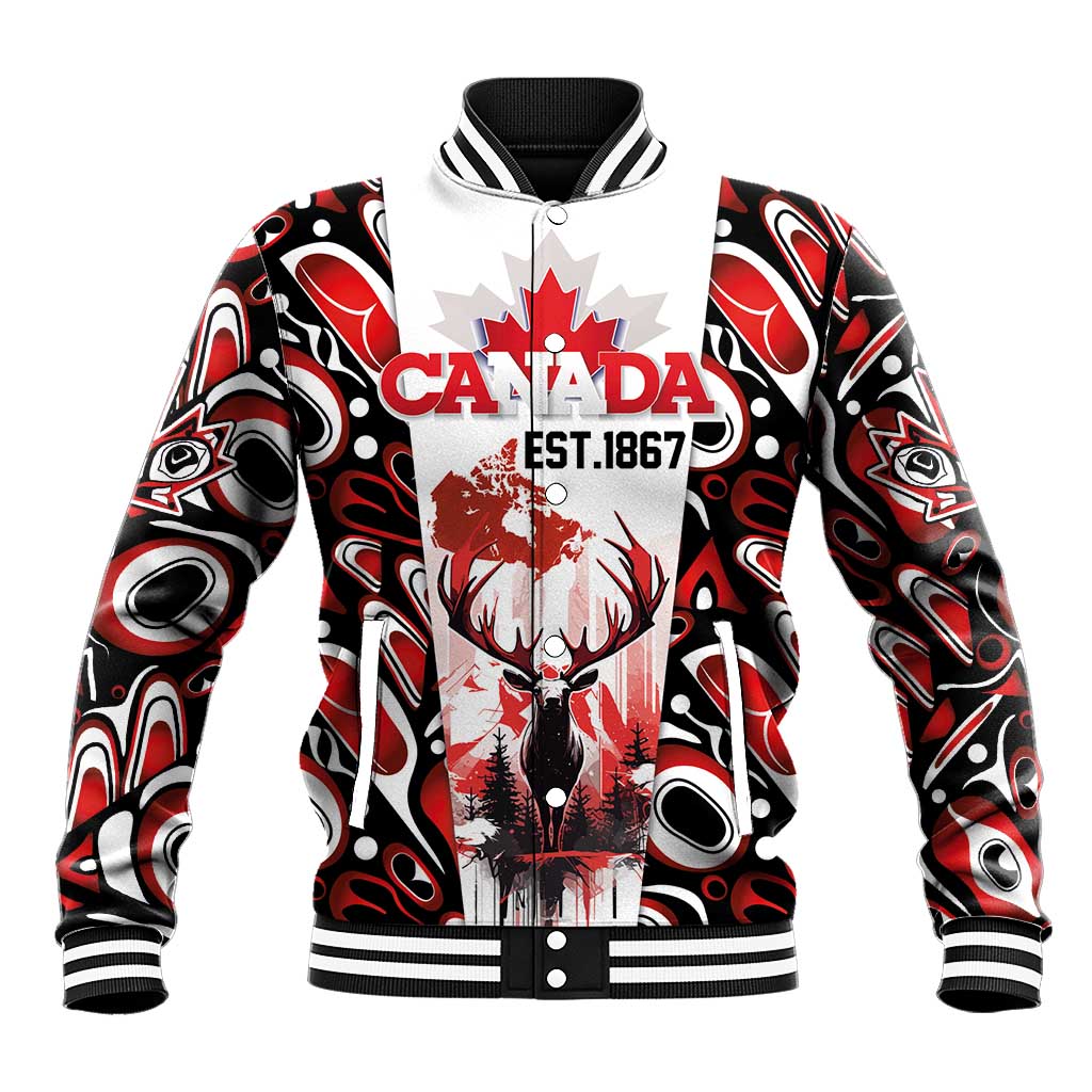Canada Day Baseball Jacket The Forest Moose and Maple Leaves-Haida Pattern