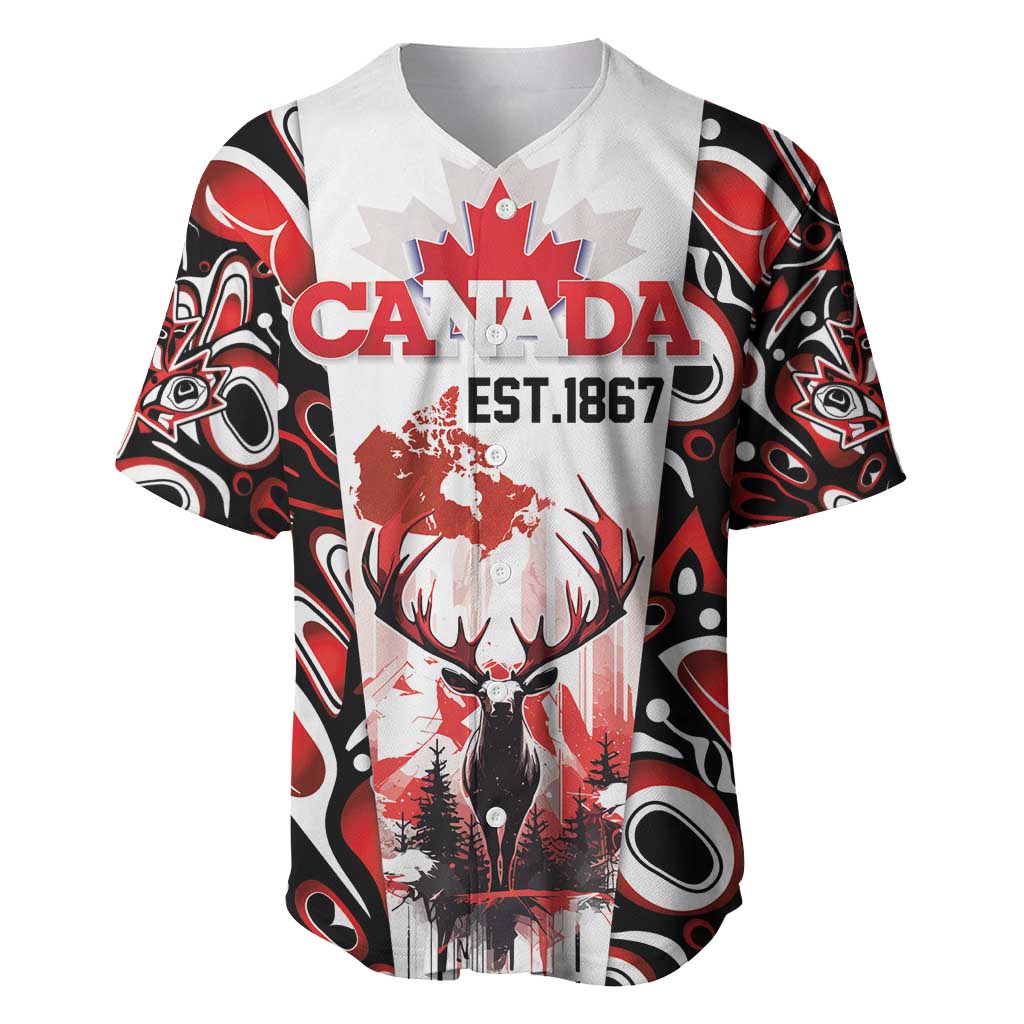 Canada Day Baseball Jersey The Forest Moose and Maple Leaves-Haida Pattern