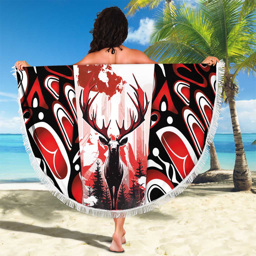 Canada Day Beach Blanket The Forest Moose and Maple Leaves-Haida Pattern