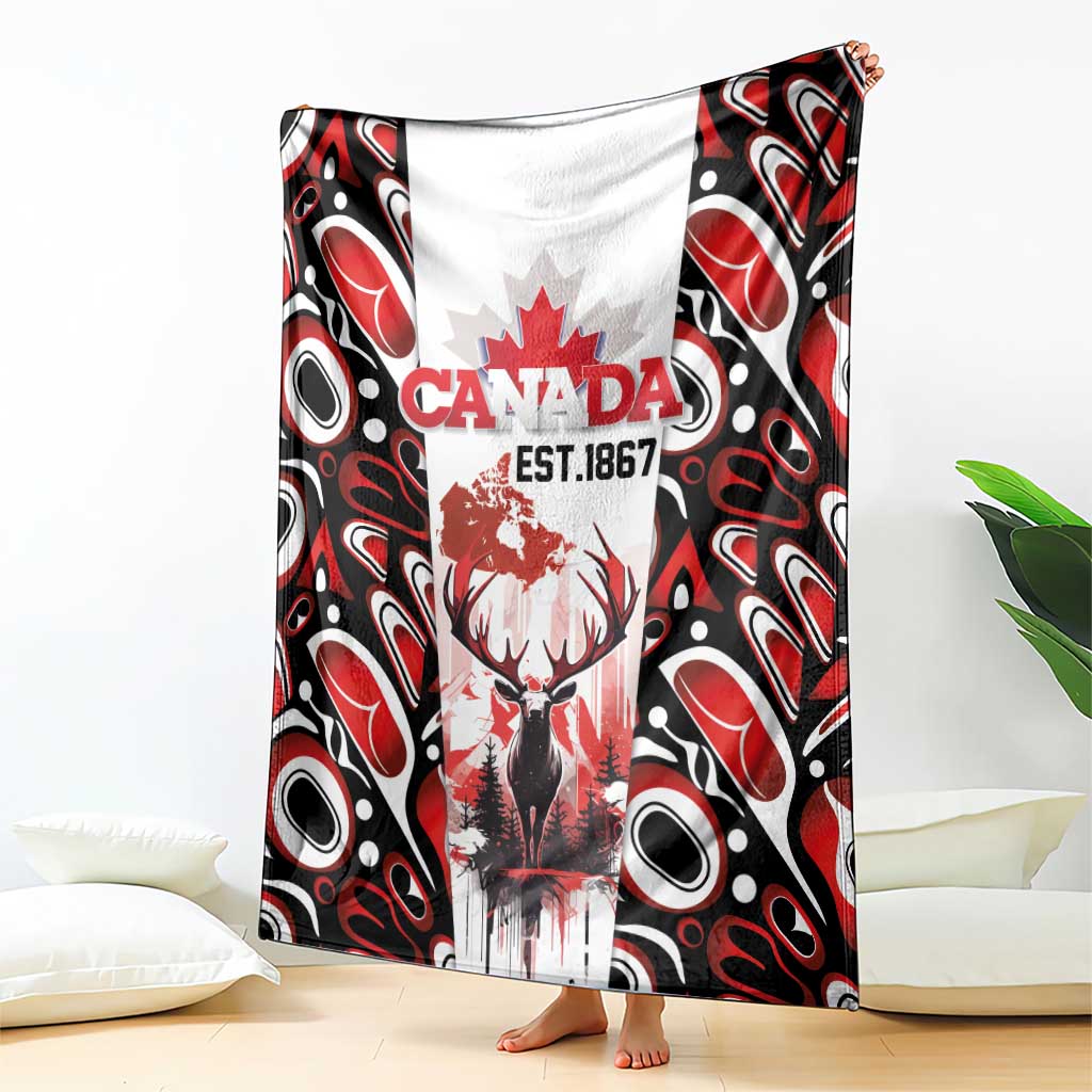 Canada Day Blanket The Forest Moose and Maple Leaves-Haida Pattern