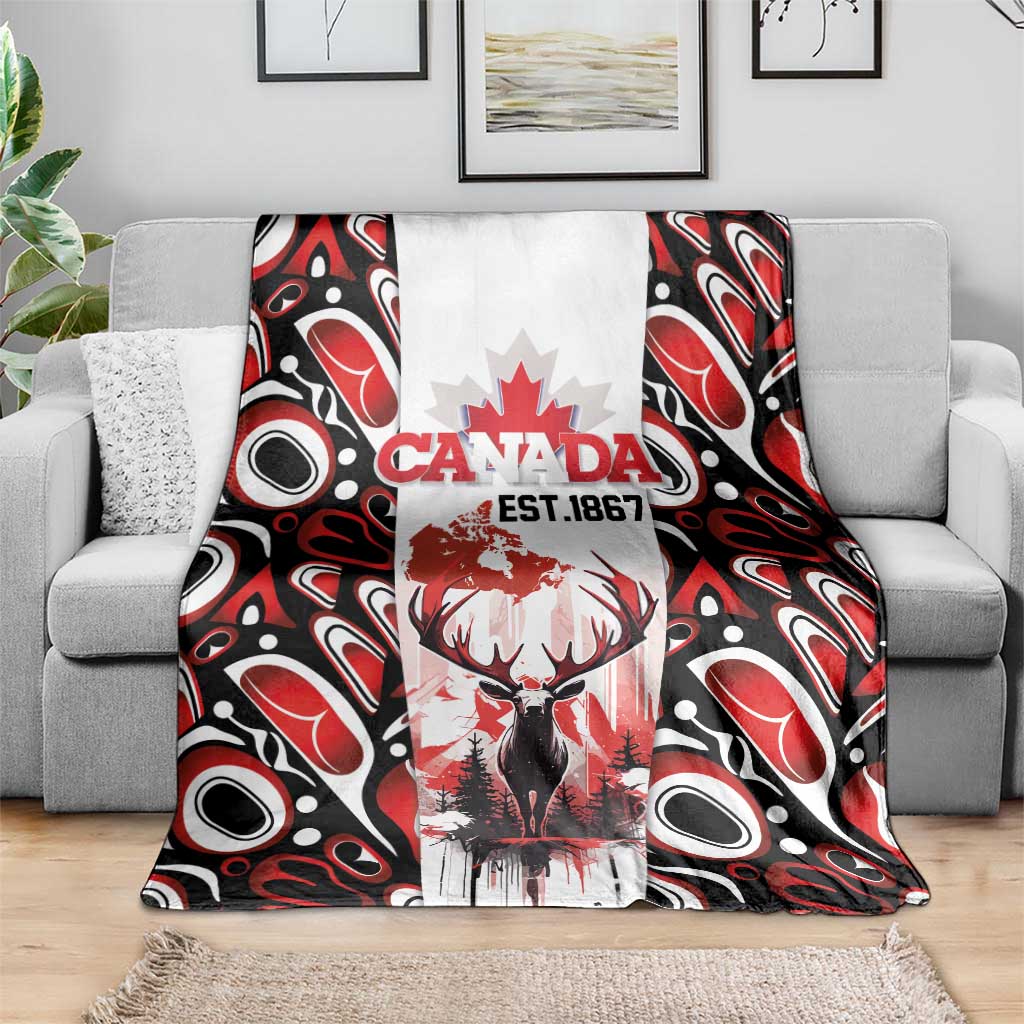 Canada Day Blanket The Forest Moose and Maple Leaves-Haida Pattern