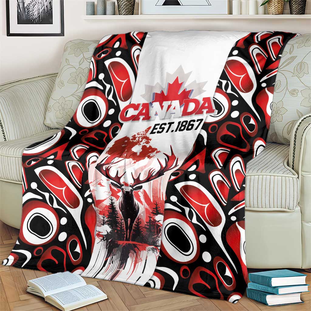 Canada Day Blanket The Forest Moose and Maple Leaves-Haida Pattern