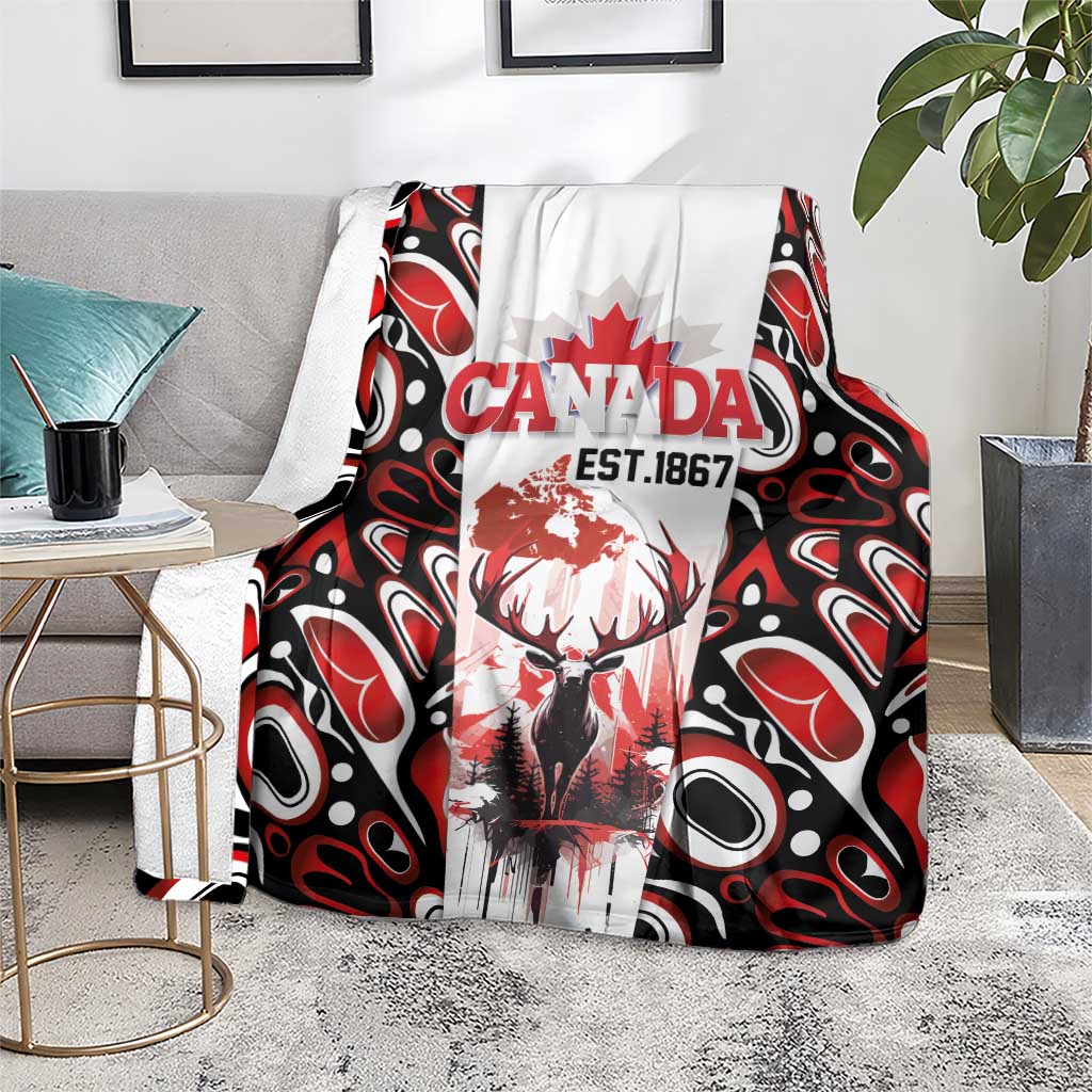 Canada Day Blanket The Forest Moose and Maple Leaves-Haida Pattern