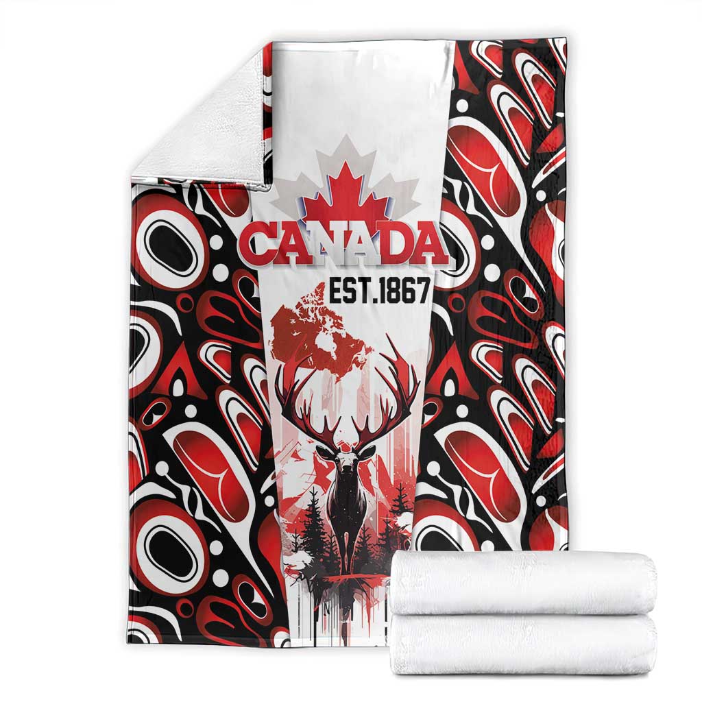 Canada Day Blanket The Forest Moose and Maple Leaves-Haida Pattern