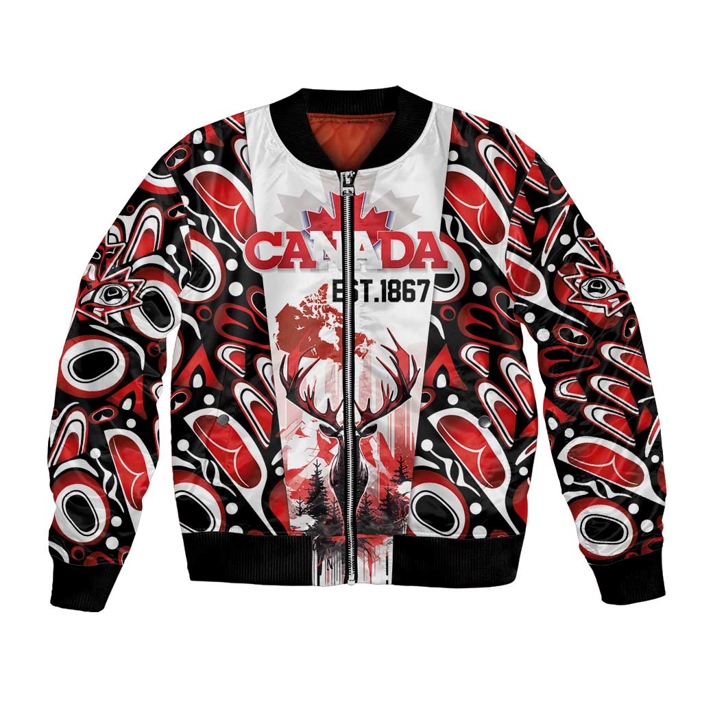 Canada Day Bomber Jacket The Forest Moose and Maple Leaves-Haida Pattern
